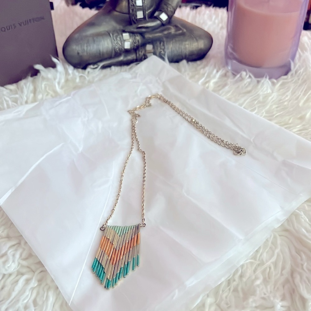 Very Pretty Long Green, Gold & Orange Necklace!